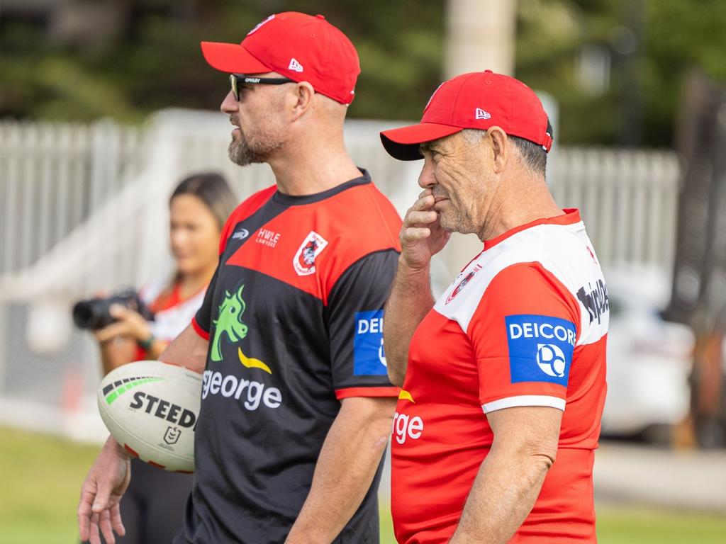 (L-R) Dragons coaching brains trust Dean Young (assistant coach) and Shane Flanagan (head coach). Credit: Supplied.