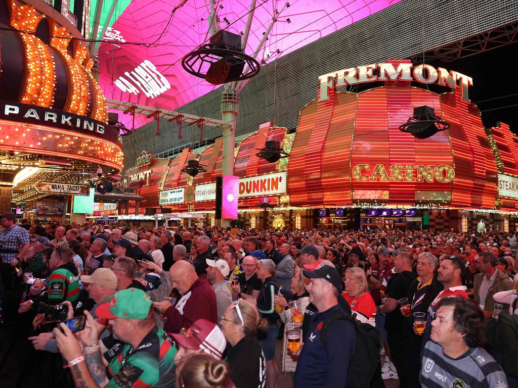 Fans gather for the NRL season launch at Fremont Street Experience in 2024. Picture: AFP