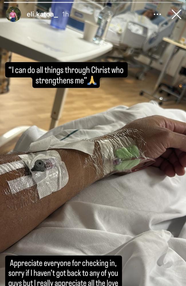 Eli Katoa’s message to fans after being hospitalised following repeated head knocks in Sunday's Test match at Eden Park.