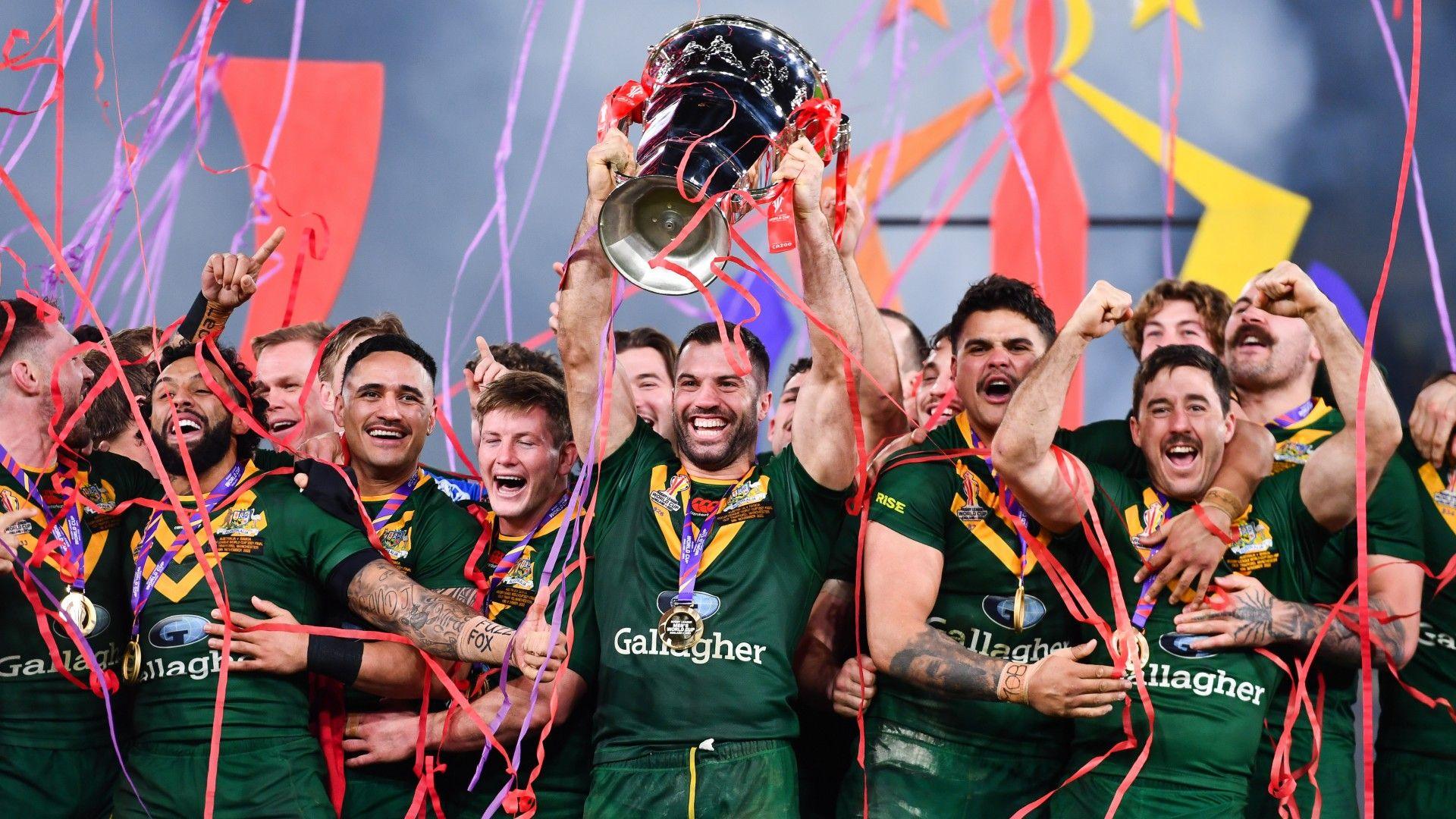 Australia captain James Tedesco lifts the World Cup trophy surrounded by his team-mates after their win over Samoa in the 2021 final at Old Trafford Australia captain James Tedesco lifts the World Cup trophy surrounded by his team-mates after their win over Samoa in the 2021 final at Old Trafford