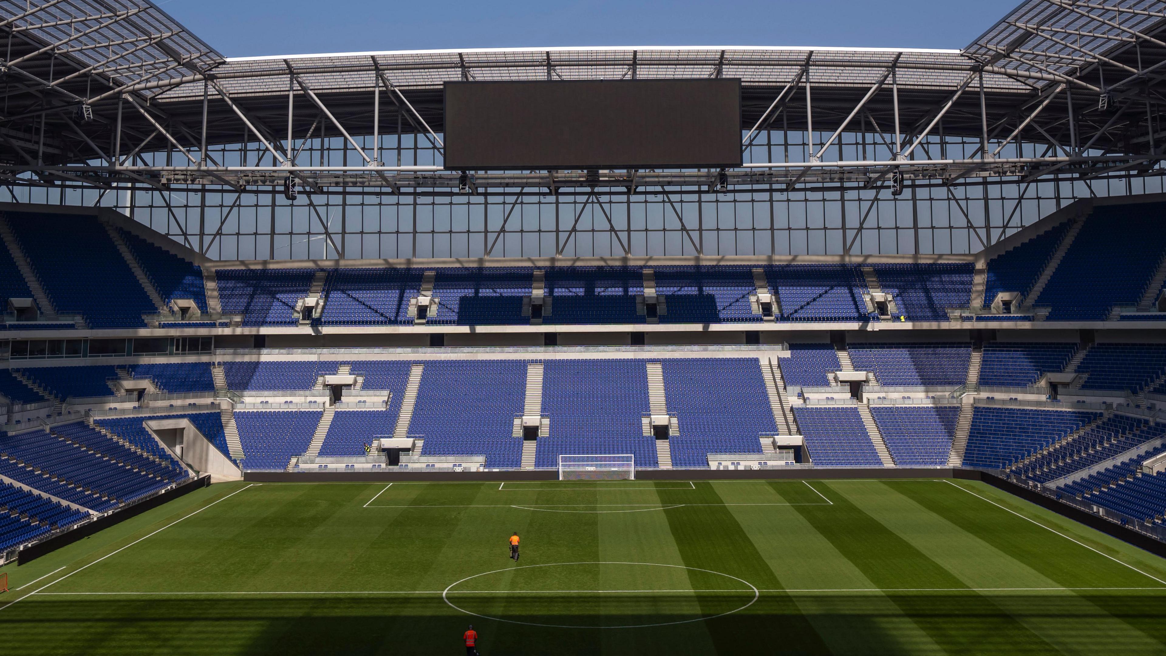 A general view of Everton's new Bramley-Moore Dock stadium, with freshly painted pitch and empty stands A general view of Everton's new Bramley-Moore Dock stadium, with freshly painted pitch and empty stands