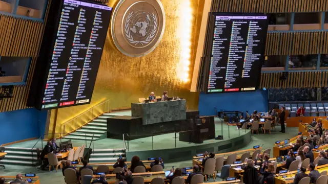 The results of voting on a draft resolution are shown on screen The results of voting on a draft resolution are shown on screen