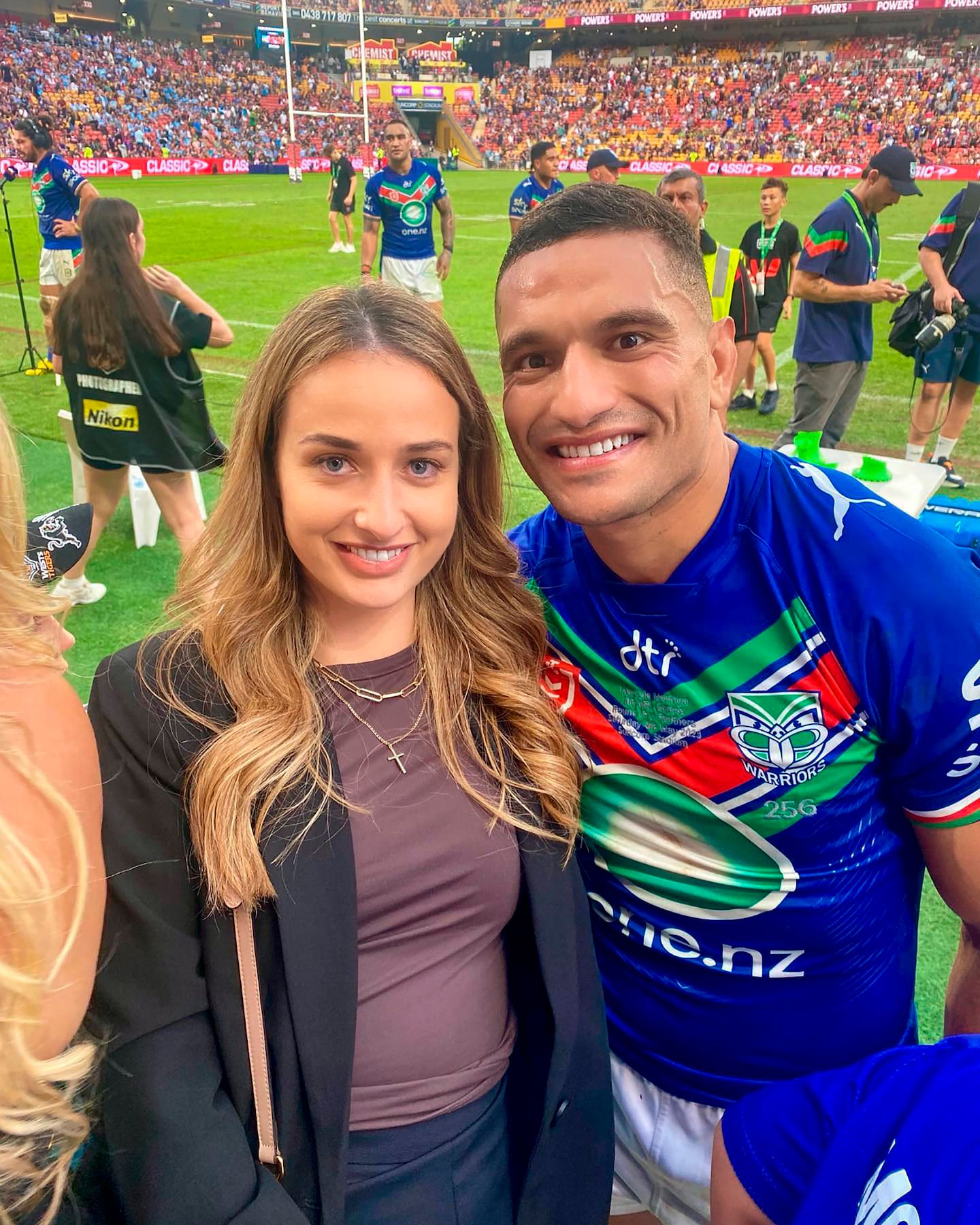 New Zealand Warriors star winger Marcelo Montoya and his wife, The Hits radio producer Tayla. Photo / Woman's Day New Zealand Warriors star winger Marcelo Montoya and his wife, The Hits radio producer Tayla. Photo / Woman's Day